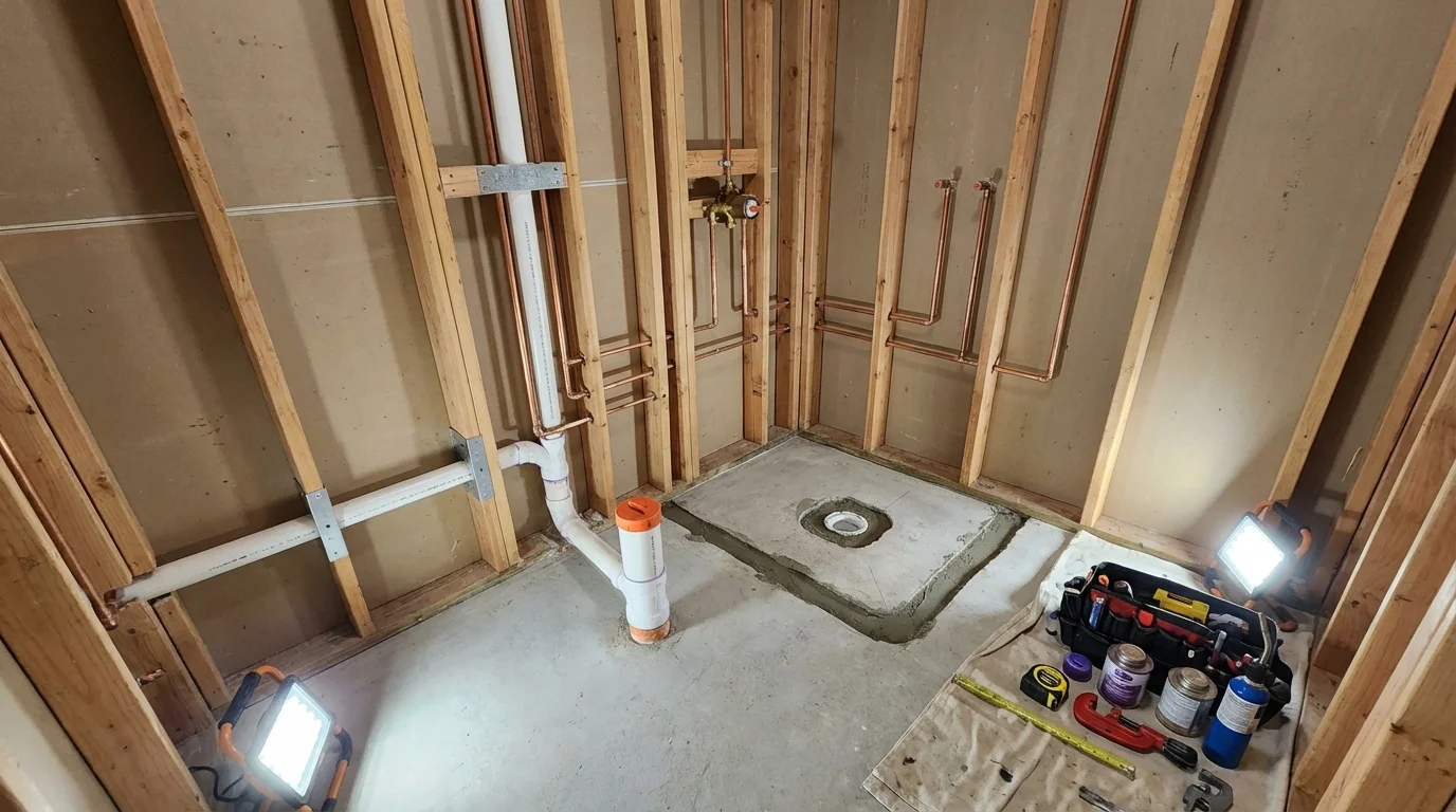 Bathroom rough-in plumbing during remodel by Johns Plumbing LLC in Yarmouth Port
