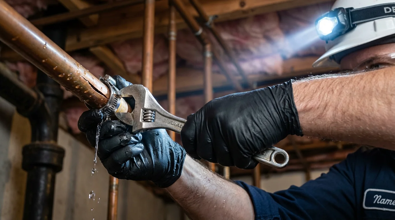 Emergency pipe clamp repair being performed by a Johns Plumbing LLC plumber in Yarmouth Port