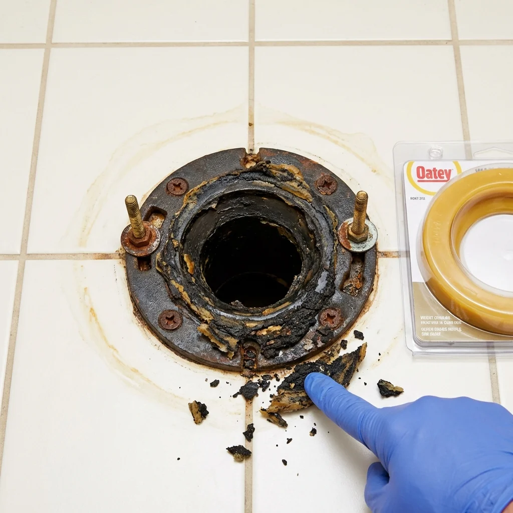 Failed wax ring showing water seepage at the base of a toilet in a Yarmouth Port, MA home