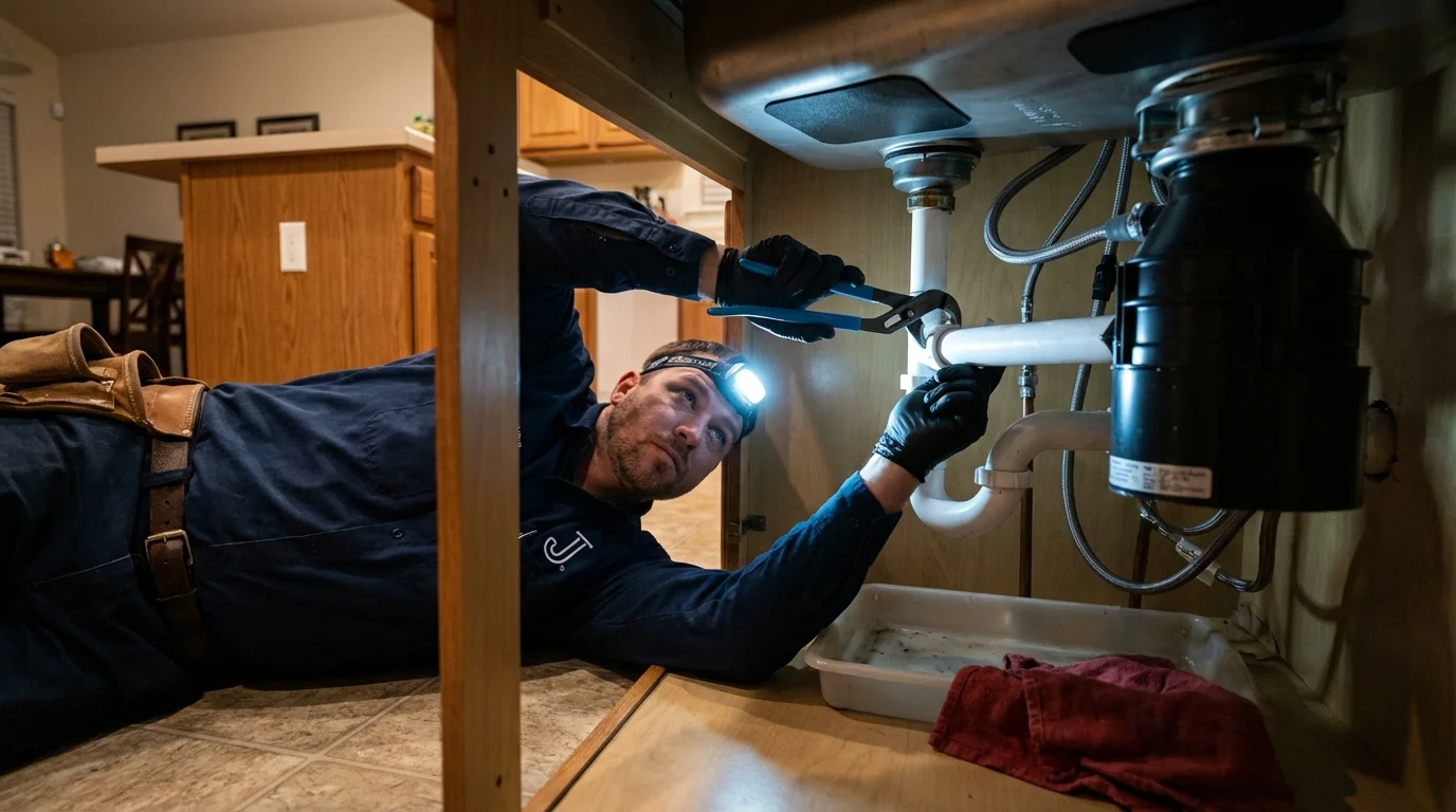 P-trap and supply line connections under a kitchen sink showing a common leak point in Yarmouth Port, MA